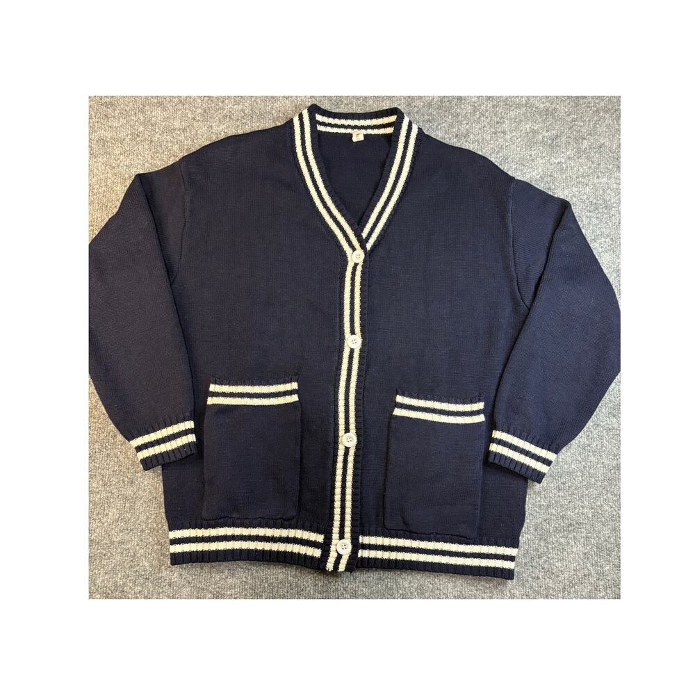 Navy Blue Varsity style Cardigan with white accent stripes & front pockets Sz M